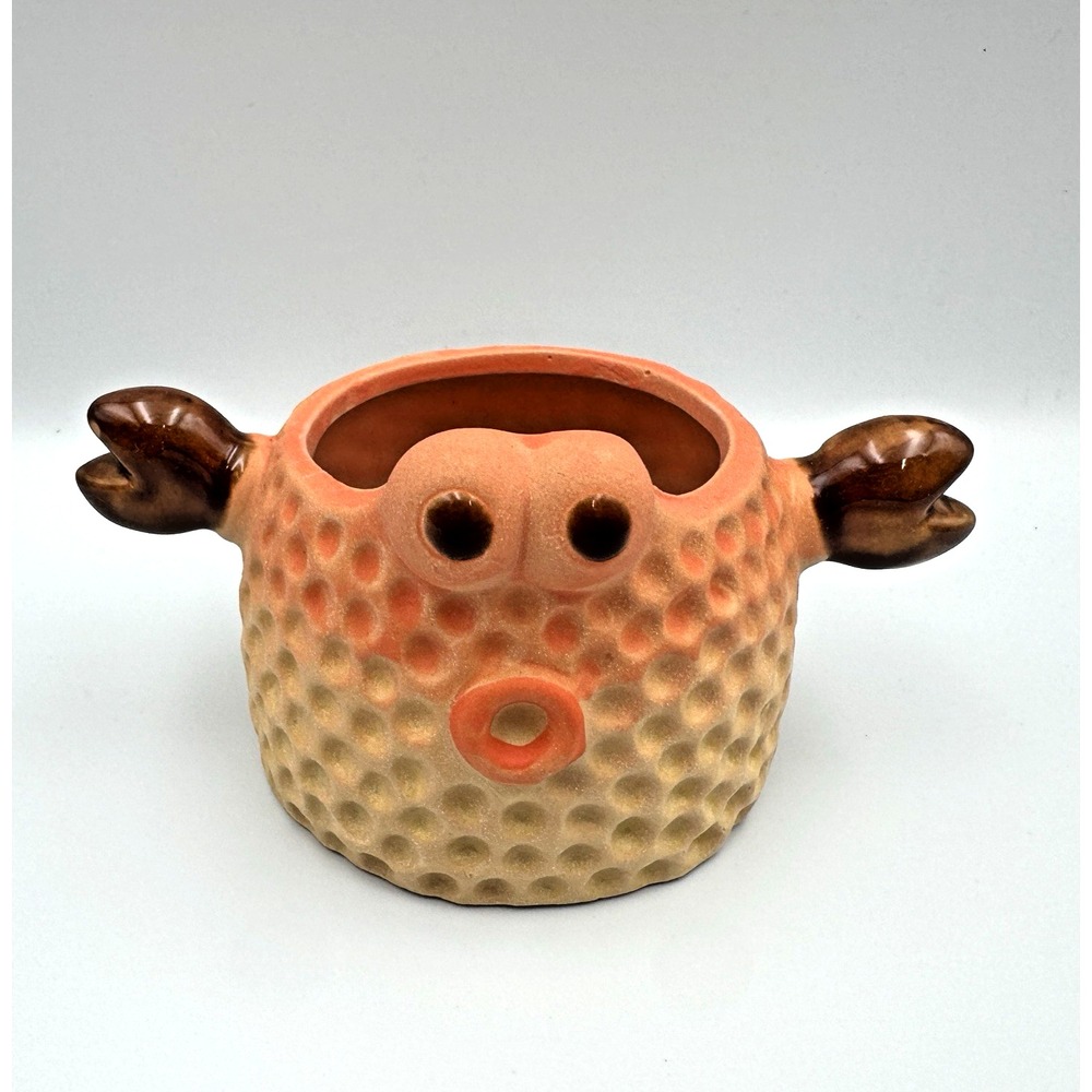 Ceramic Puffer Fish Planter Pot Blowfish Orange Brown Textured Coastal Decor